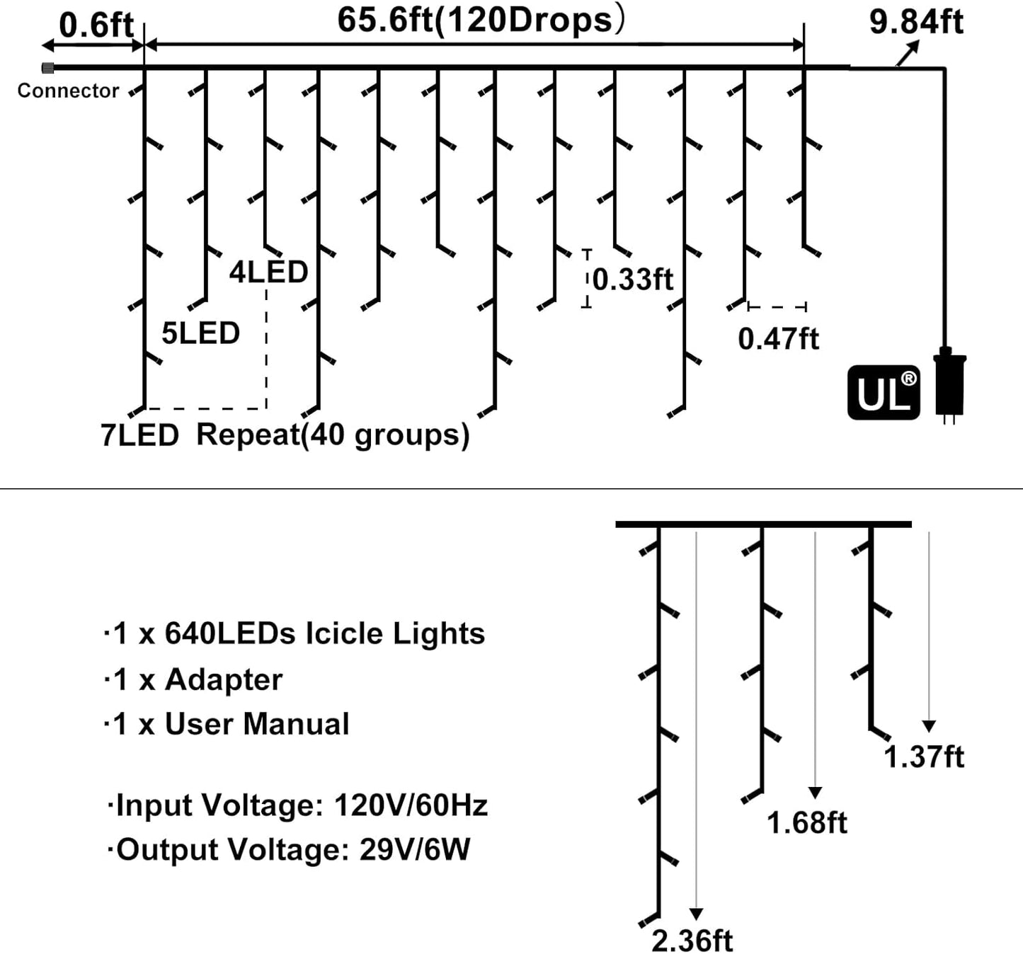 White Christmas Lights Outdoor, 66ft 640 LED Icicle Lights for Outside House with Connectable Clear Wire 8 Modes Timer, Plug in Waterproof for Home Holiday Eaves Yard Roof Party Room Indoor Decoration