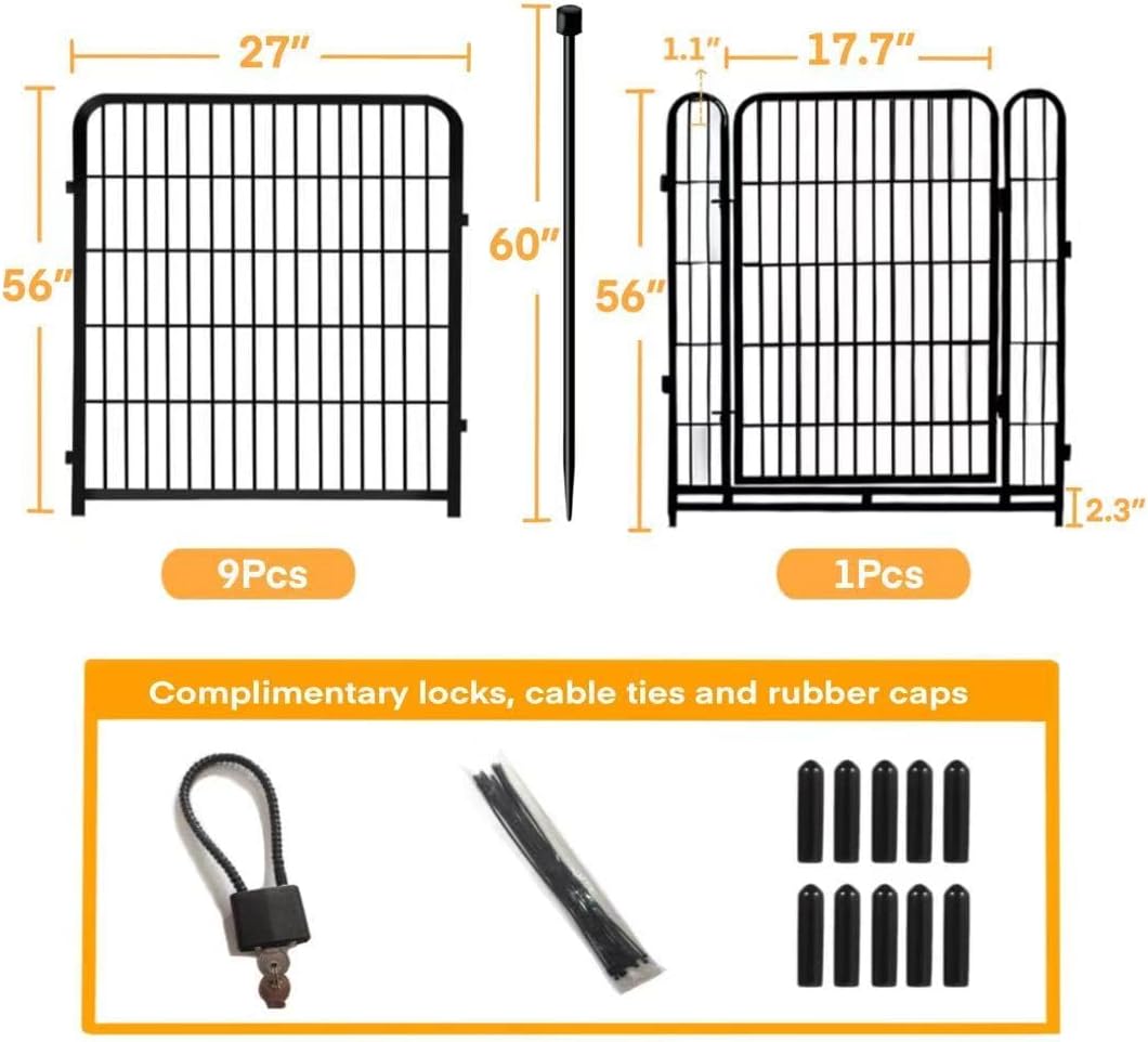56in(H) Garden Fence, 10 Panels Total 22.1 Ft(L), Garden Fence with Low Threshold Gate, Anti Dig Fence Barrier, Fencing for Garden Beds, Black Metal Decorative Garden Fencing
