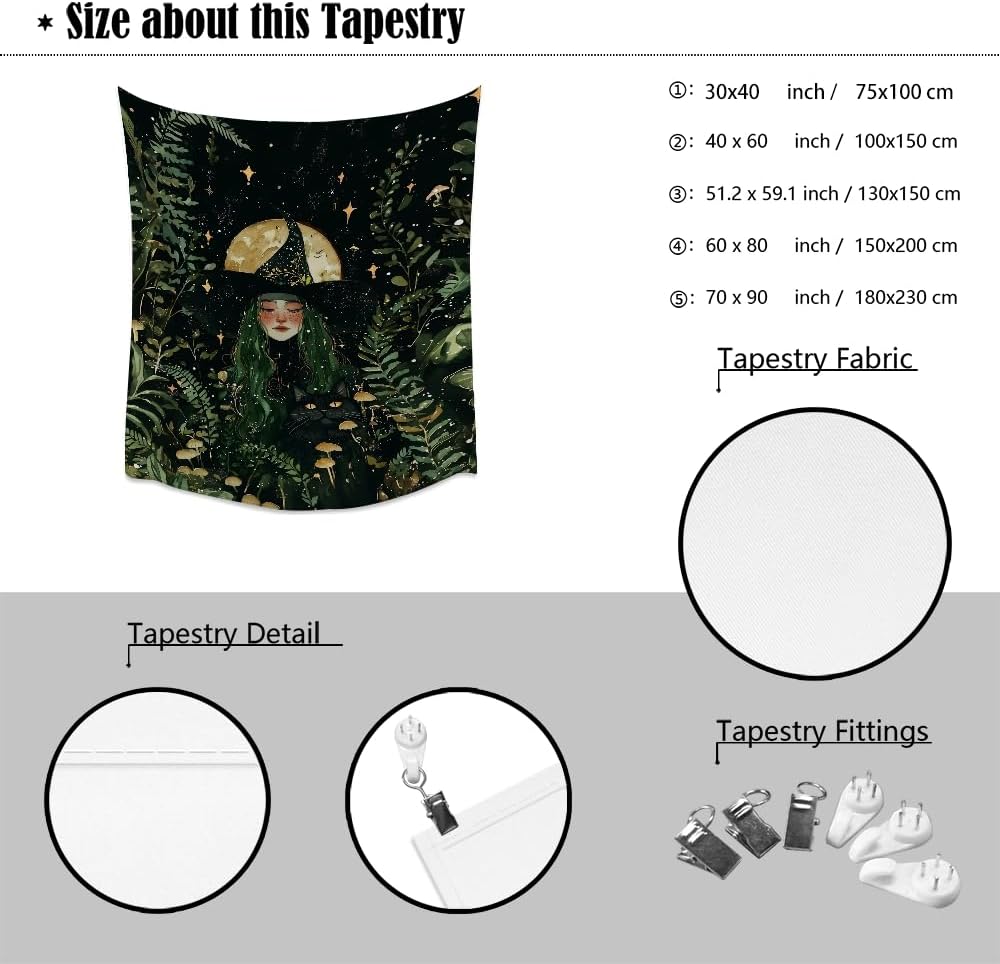 Moon Witch Tapestry Wall Hanging Mystical Botanical Green Print Dark Forest Witchy Decor Gothic Magical Black Cat and Moon Tapestries for Bedroom Living Room Dorm Decoration Aesthetic 70x90inch