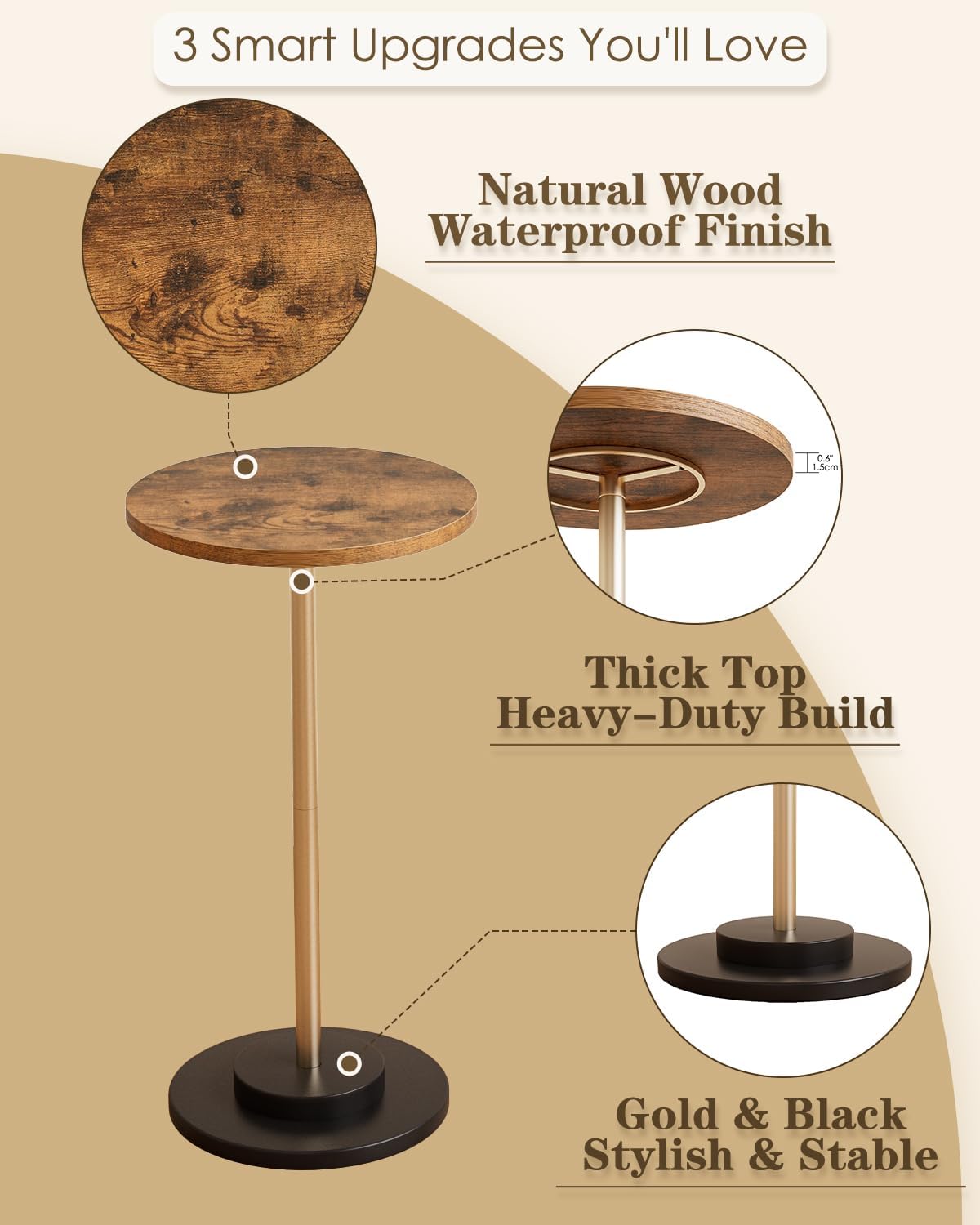 Masupu Drink Table, Round Side Table for Small Spaces, Pedestal Small End Table with Metal Base, for Living Room, Bedroom, Bathroom, Rustic Brown