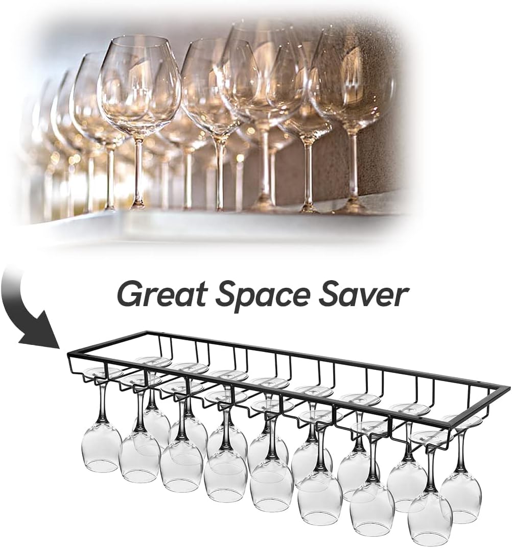 Xverycan Wine Glass Rack Under Cabinet, 8 Row Extreme Large Stemware Hanger, Metal Wine Goblet Holder, DIY Bar Glass Storage Rack for Bar Counter, Kitchen, Screws Included (Black)
