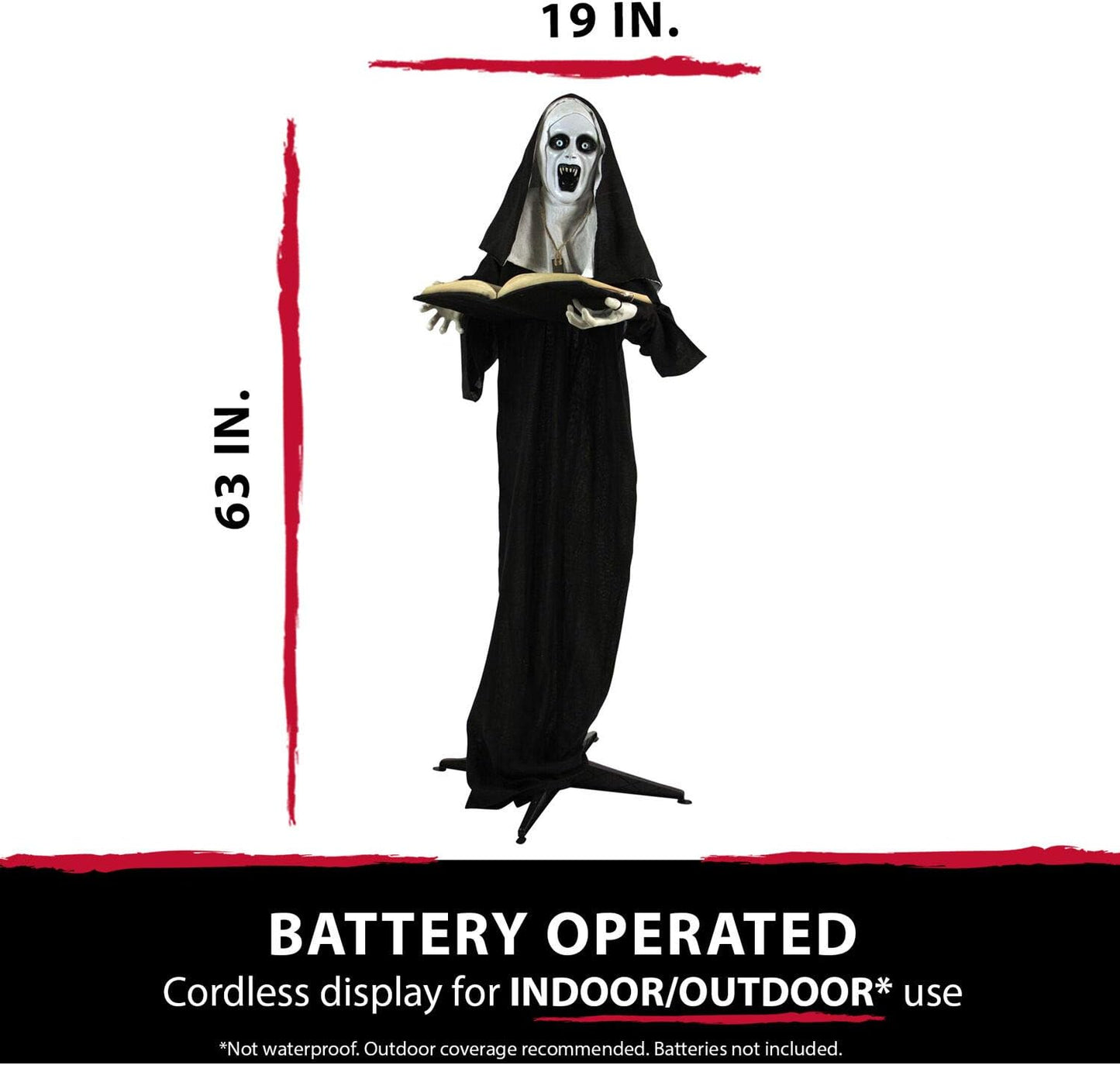 Haunted Hill Farm Life-Size Scary Talking Witch Nun Halloween Animatronic with Touch Activated Lights and Sound, Poseable, Battery Operated Indoor or Covered Outdoor Creepy Halloween Decorations