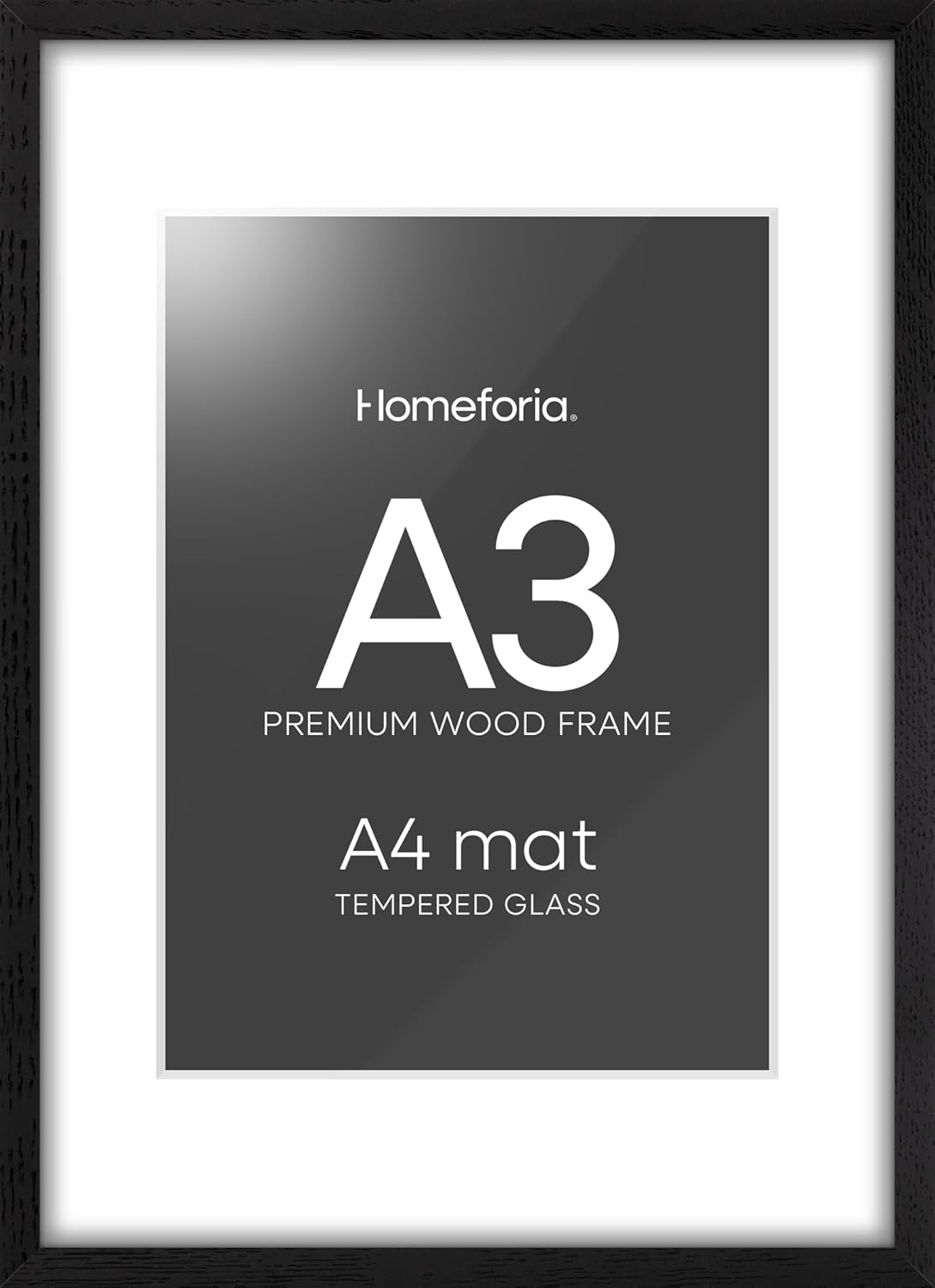 Homeforia A3 Picture Frame Black Wood, High-End Oak 11.7 x 16.5 Black Poster Frames Matted to 8.3 by 11.7 Photo, 11.7x16.5 Size Wooden Frame with Mat 8.3x11.7 Print, Tempered Glass, Wall Kit, Set of 1