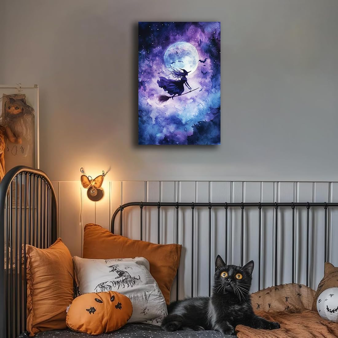 Witch On Broom Flying Wall Art,Gothic Halloween Canvas Wall Art,Victorian Witch Silhouette In Moonlight Broomstick Poster Pictures,Creepy Halloween Purple Night Sky Print,16"x24" Unframed