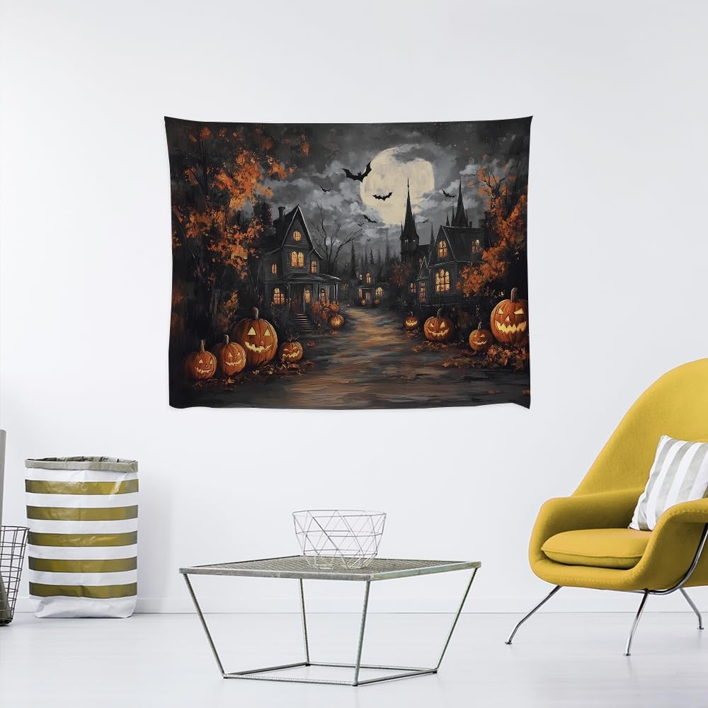 Spooky Halloween Tapestry Haunted Home Bats Pumpkin Tapestry Wall Hanging Dark Academia Fall Full Moon Decor Gothic Ghost Tapestries for bedroom Living Room Decoration 50x60inch
