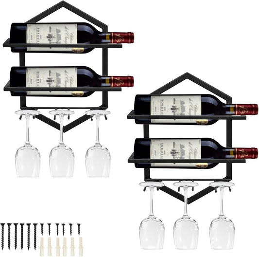 Wall Mounted Wine Stemware Rack, Metal Hanging Wine Glass Display Holde Holds 3 Cups 2 Bottles, Elegant Storage for Kitchen Dining Room Bar Wine Cellar (Black 2)