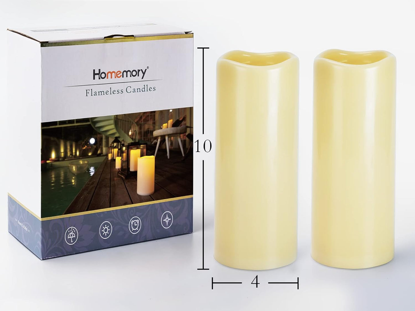 Homemory 4" x 10" Large Waterproof Outdoor Flameless Candles, Battery Operated LED Pillar Candles with Remote and Timers for Indoor Outdoor Lanterns, Long Lasting, Dark Ivory, Set of 2