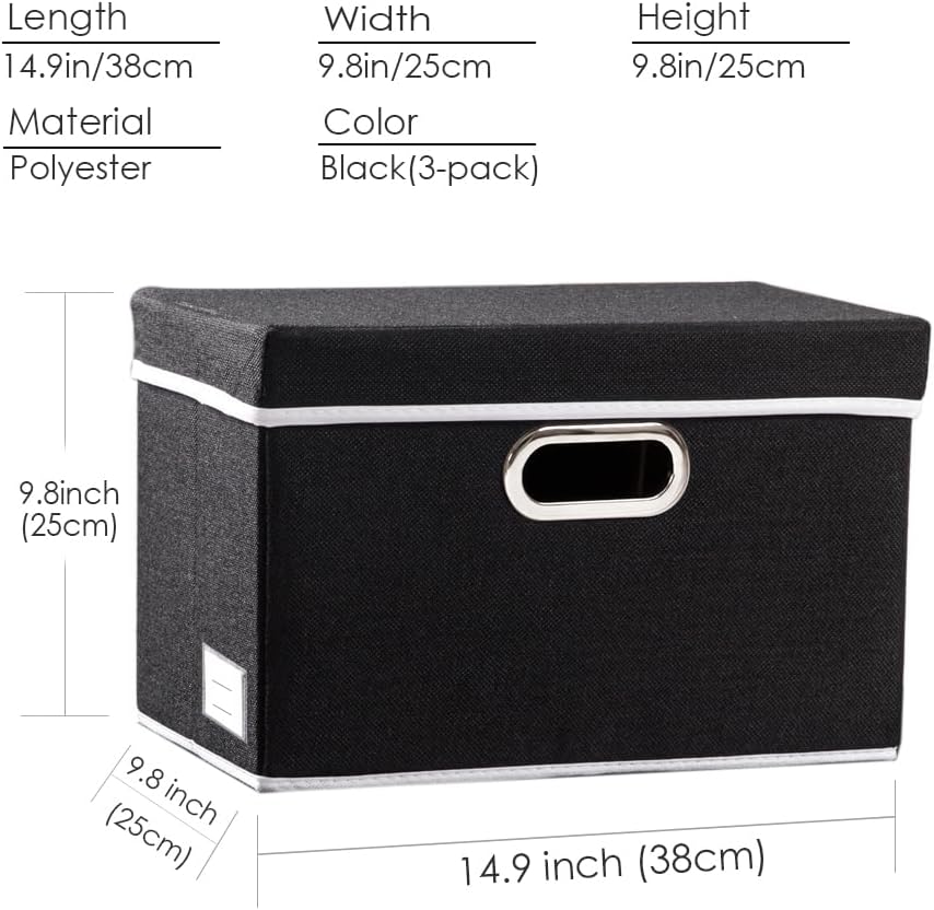 PRANDOM Foldable Storage Box with Lid [3-Pack] Fabric Collapsible Storage Bin Organizer Container Basket Cube with Cover for Home Bedroom Closet Office Nursery Black (14.9x9.8x9.8)
