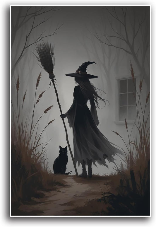 JFHCQJPK Vintage forest witch and black cat poster Halloween mural poster decoration mural art magic suitable for home living room bedroom28x40in Frameless