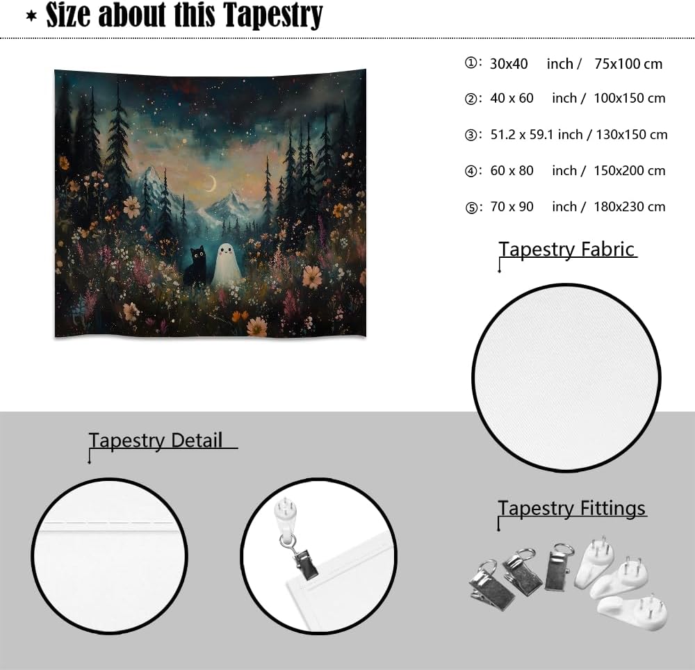 Whimsical Halloween Tapestry Wall Hanging Ghost and Black Cat in Magical Forest Wildflowers Meadow Tapestry Art Print Charming Spooky Fall Season Tapestries for Living Room Bedroom Decor 40x60inch