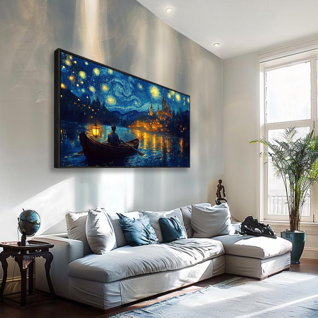 Wall Art Canvas Print Starry Night Over the Rhone by Van Gogh 30 x 58 inches Framed Home Artwork Decor Canvas Art Painting Living Room for Bedroom Office Wall Decor