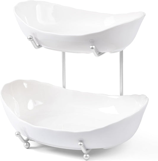 HBlife Fruit Bowl for Kitchen Counter - 2 Tier Ceramic Fruit Bowl with Metal Stand, Tiered Fruit Basket for Kitchen Counter, Serving Platters Serving Trays for Party