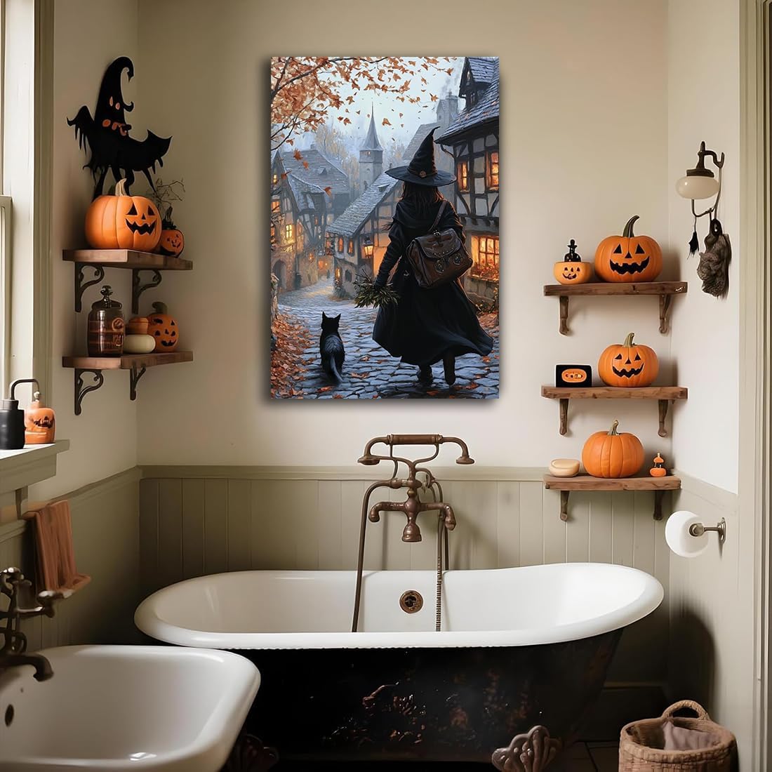 Autumn Witch And Black Cat Picture Wall Decor,Halloween Canvas Vintage Rustic Wall Art,Preppy Bedroom Living Room Bathroom Poster Print,20"x30" Framed