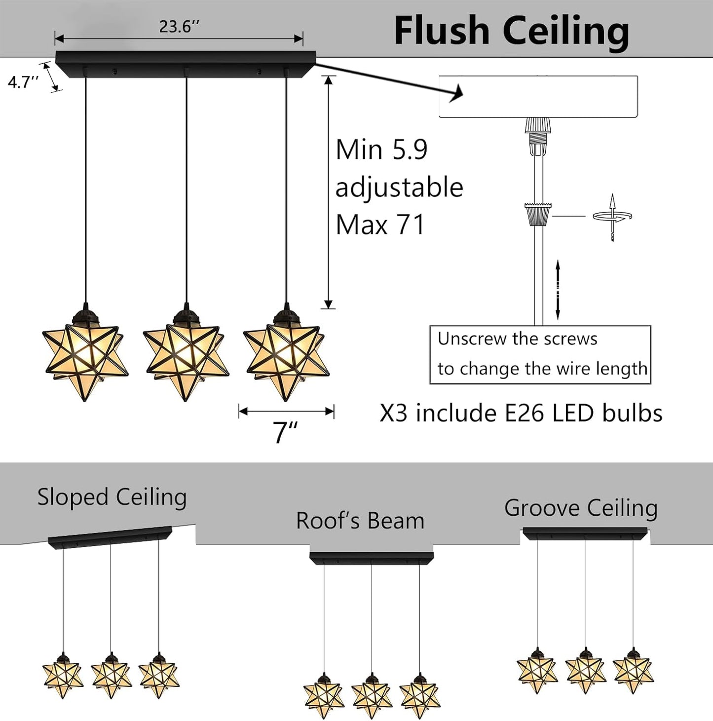 Modern Frosted White Glass Chandelier Dining Room Farmhouse Star Pendants Lights for Kitchen Island LED Ceiling Hanging Lighting Included Warm Light Bulbs Black