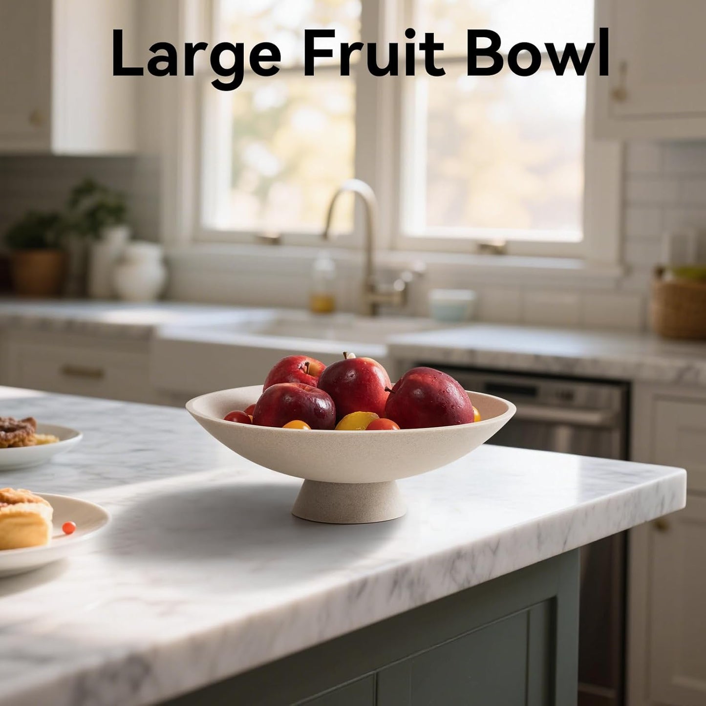 Decorative fruit bowl for Home Decor Large Modern Handicraft Key Bowl for Entryway Table Stylish Centerpiece Purse Bowl Pedestal bowl for Kitchen Counter Coffee Table(Artificial Stone Beige)