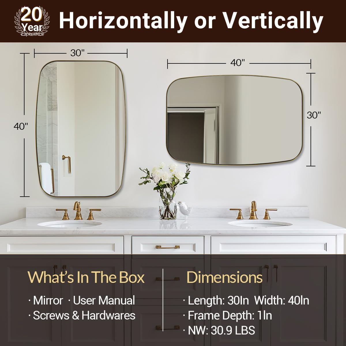 ANDY STAR 30x40” Gold Bathroom Mirror, Oblong Brass Mirror with Stainless Steel Metal Frame, Brushed Gold Oval Vanity Mirror for Over Sink, Modern Anti Rust Wall Mounted