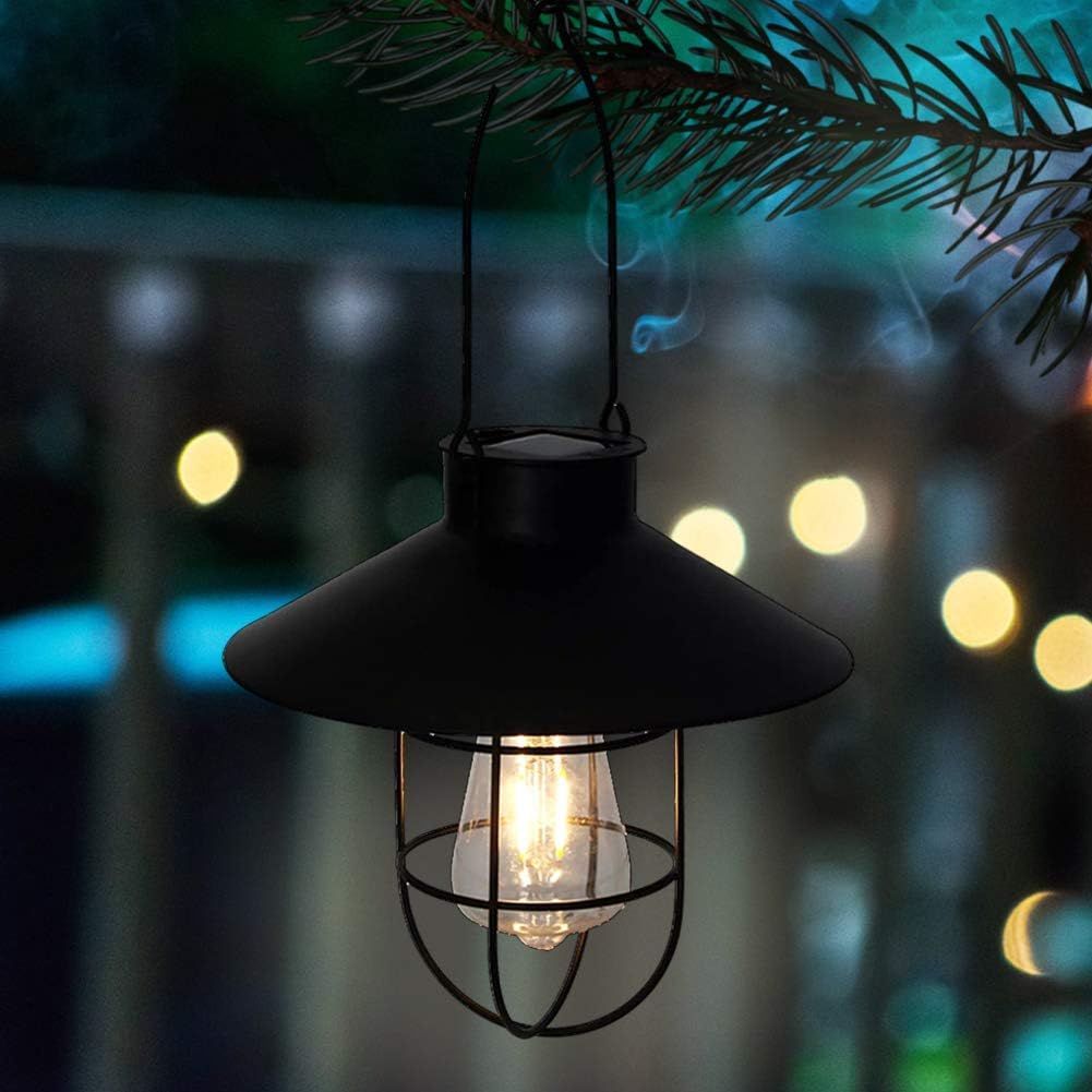 pearlstar Solar Lantern Outdoor Hanging Light Metal Solar Lamp with Warm White Edison Bulb Design for Garden Yard Patio Proch Decor(Black)