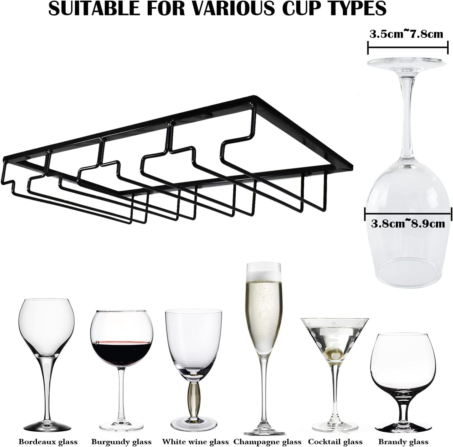 4 Rows Wine Glass Rack Under Cabinet Hanging Stemware Wine Glass Holder Under Shelf Wire Wine Glasses Racks Hanger for Bar, Kitchen (1, 4 Rows)