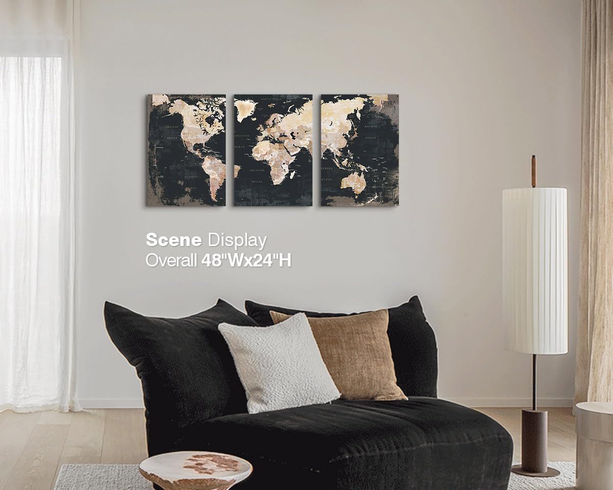 Office Wall Art for Living Room Bedroom Wall Decor Framed World Maps Black White Brown Pictures for Wall Decorations Vintage Decor