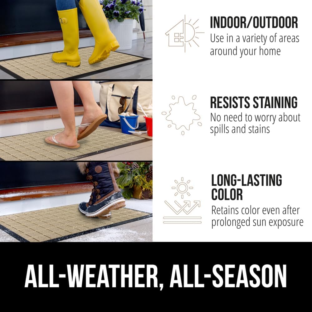 GORILLA GRIP 100% Waterproof All-Season WeatherMax Doormat US Designed Natural Rubber, Stain and Fade Resistant, Low Profile Indoor Outdoor Door Mats, Easy Clean Patio Mat, 17x29, Taupe Grid