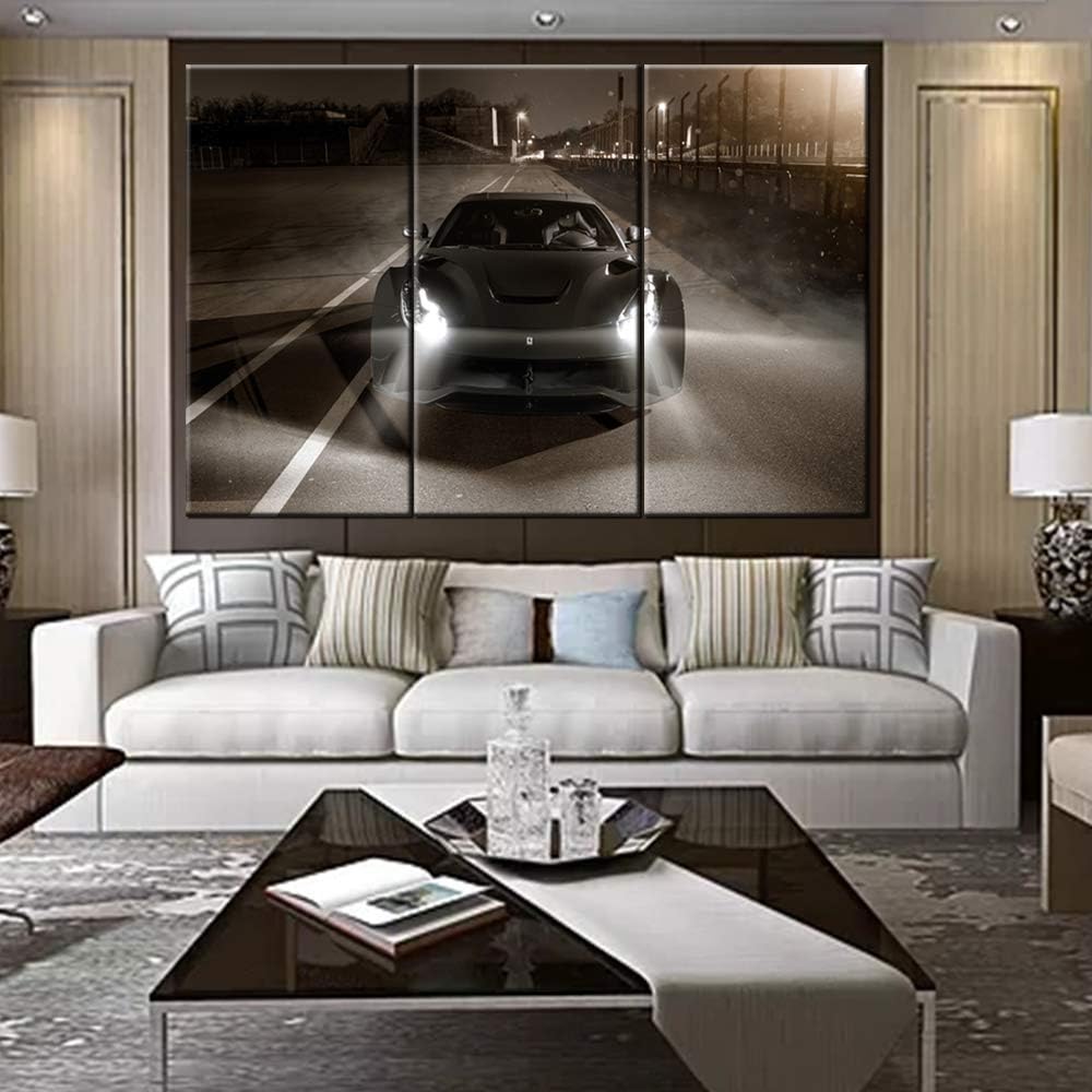 TUMOVO 3 Pieces Car Pictures Wall Art Framed Sports Car in Cool Gray Style Poster Canvas Print Vintage Western Decor for Home Office Living Room Man Bedroom - 40 x 20inch x 3 Panels