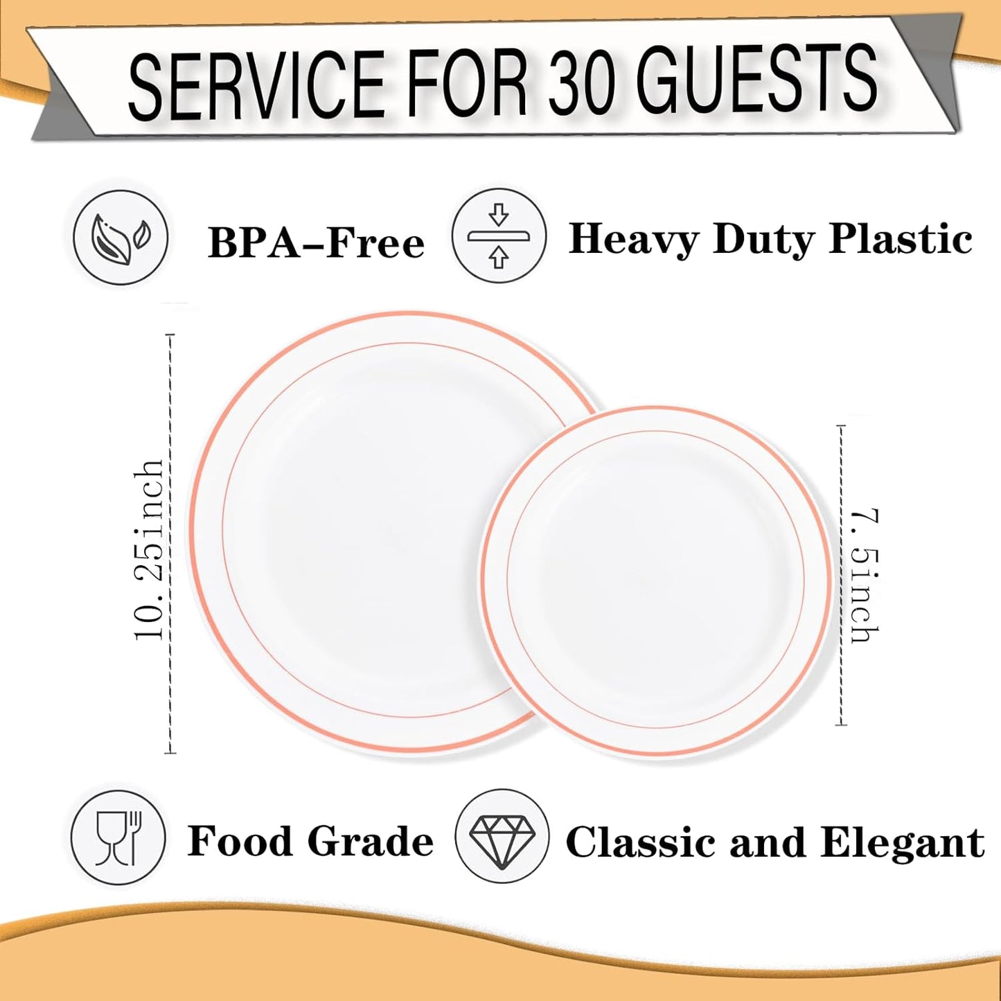 FLOWERCAT 60PCS Rose Gold Plastic Plates - Heavy Duty Rose Gold Plates Disposable for Party Wedding- Include 30PCS 10.25inch Dinner Plates and 30PCS 7.5inch Dessert Plates