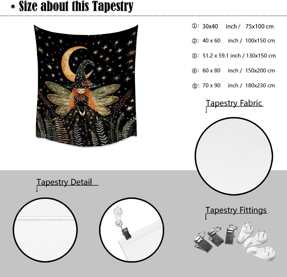 Dark Academia Witch Fairy Tapestry Wall Hanging Magical Moon Starry Night Art Print Halloween Witchy Artwork Aesthetic Wall Tapestries for Girls Bedroom Living Room Dorm Decoration 40x60inch