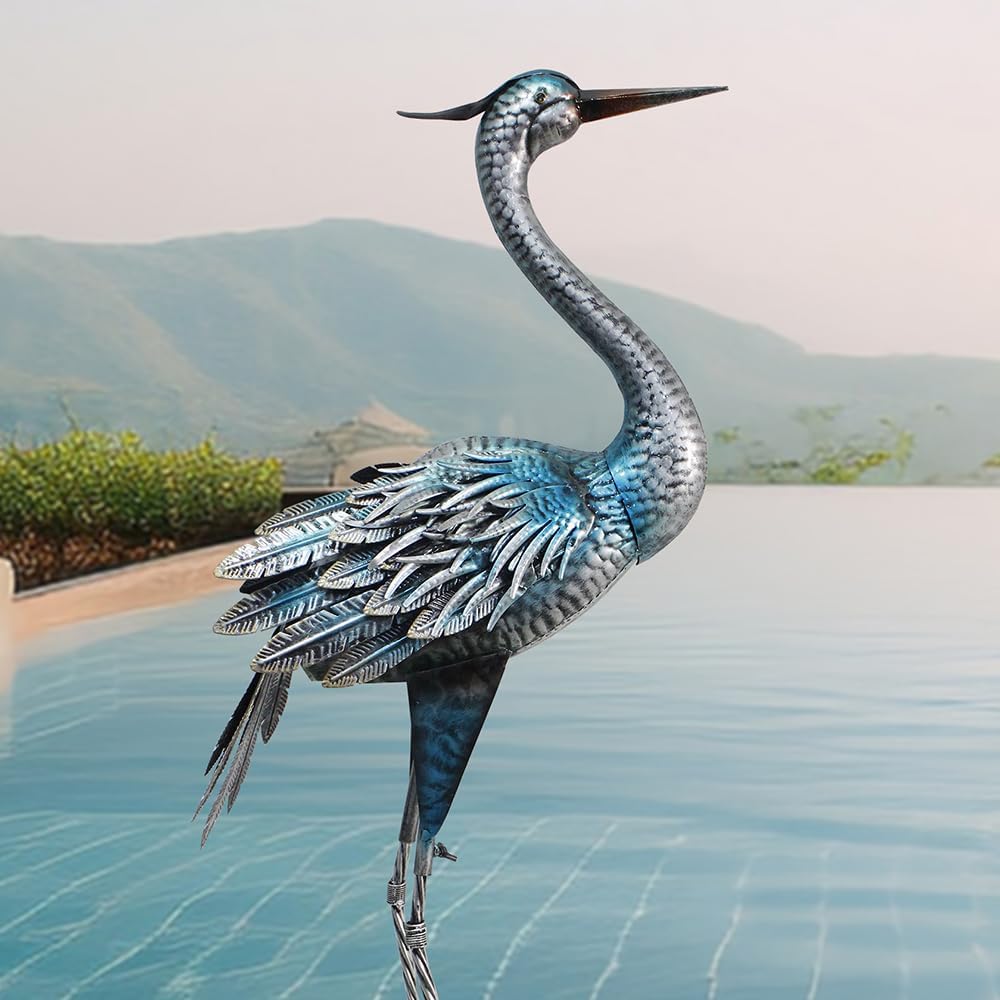 Crane Outdoor Decor Statue, Blue Heron Garden Statue Metal Yard Art Outdoor Decoy, Garden Sculptures & Statues for Yard/Lawn/Pond/Outdoor Decoration, 1Pc