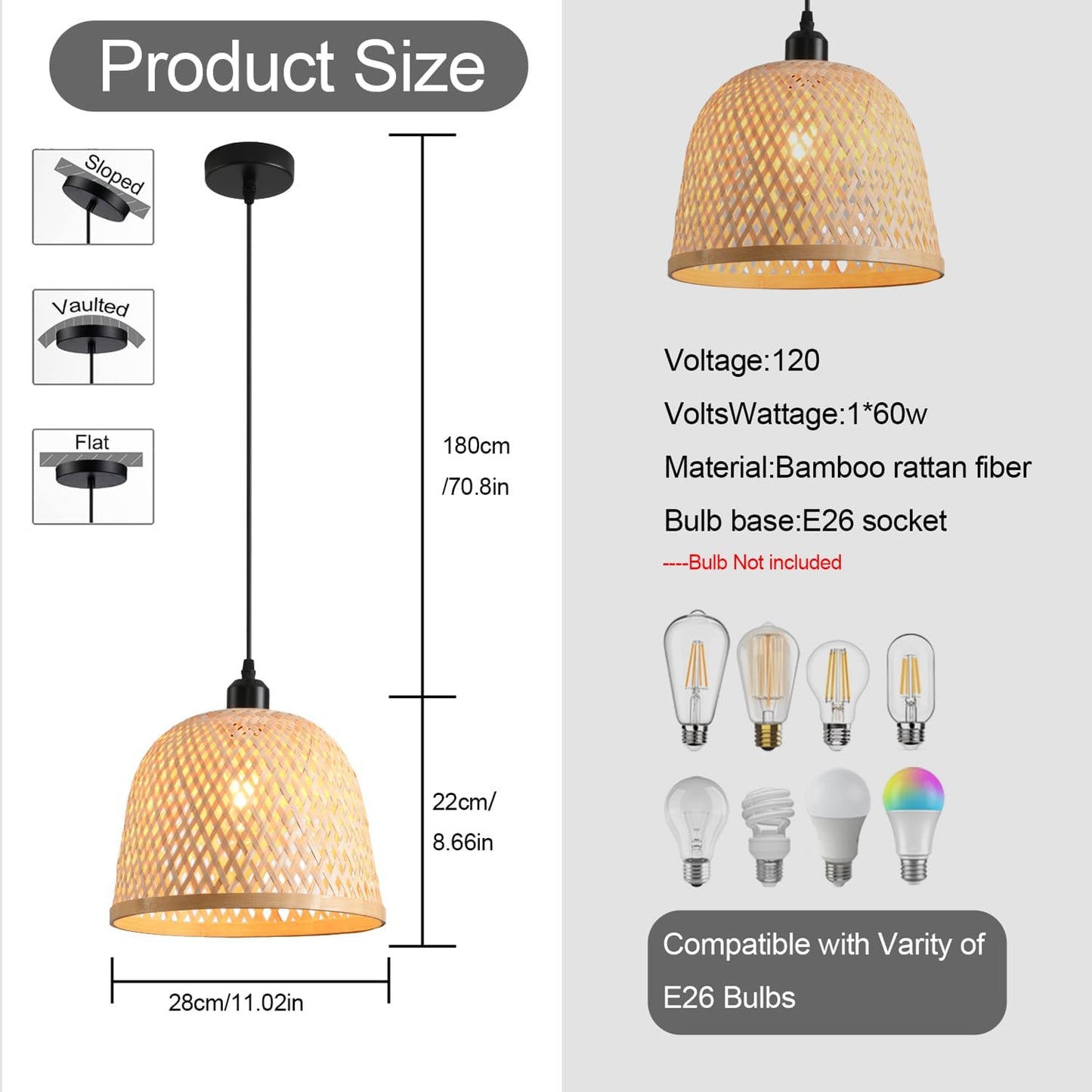 Bamboo Pendant Light 11.02" Hand Woven Bamboo Chandelier,3-Pack Rattan Ceiling Hanging Light,for Living Room Kitchen Dining Room Farmhouse