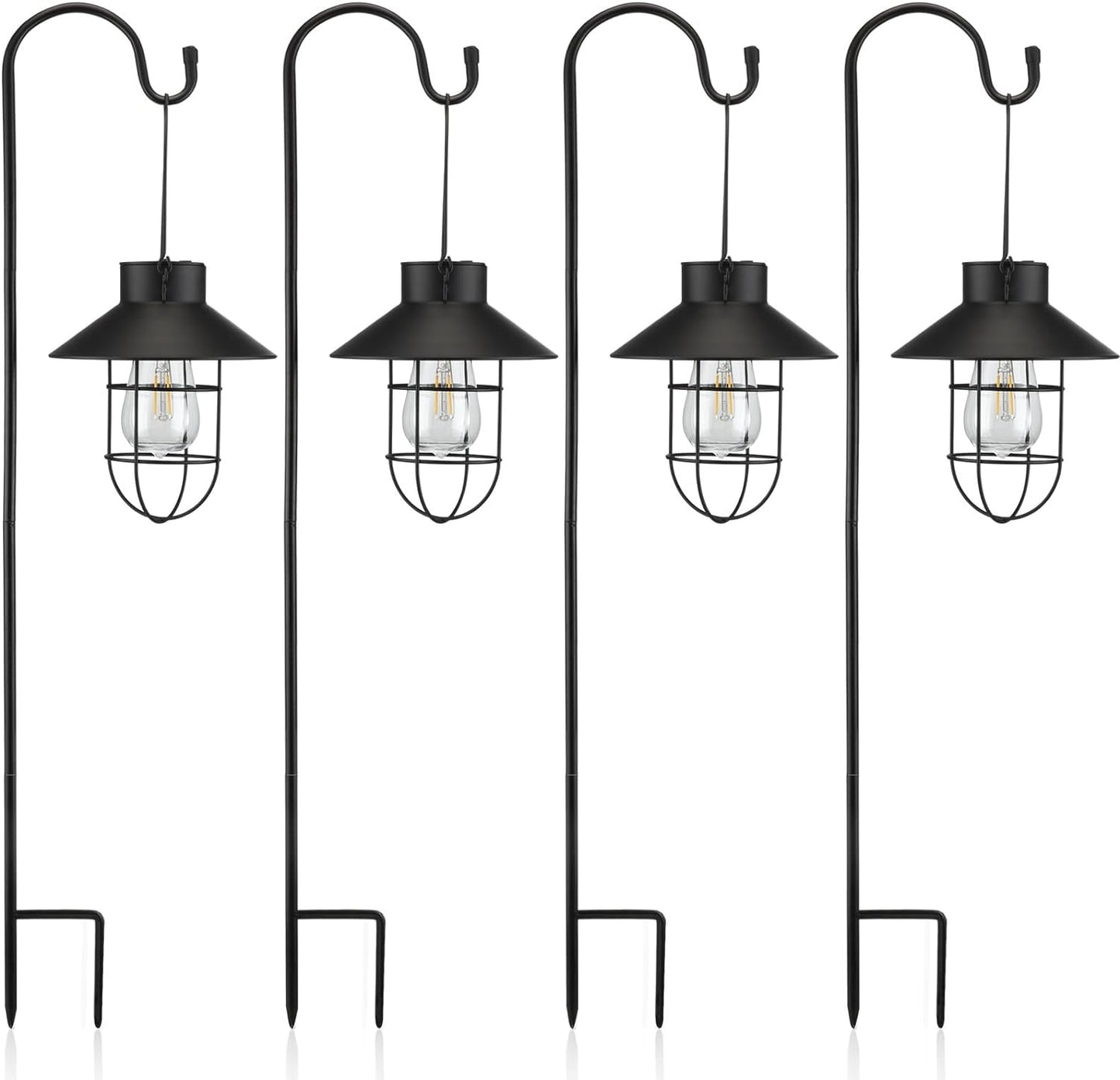 Retisee 4 Pcs Hanging Solar Light 31" Outdoor Solar Lamp Lanterns with Dual Use Shepherd Hook Waterproof Pathway Hanging Lights Metal Garden Lantern for Path Patio Yard Lawn Driveway Markers (Black)