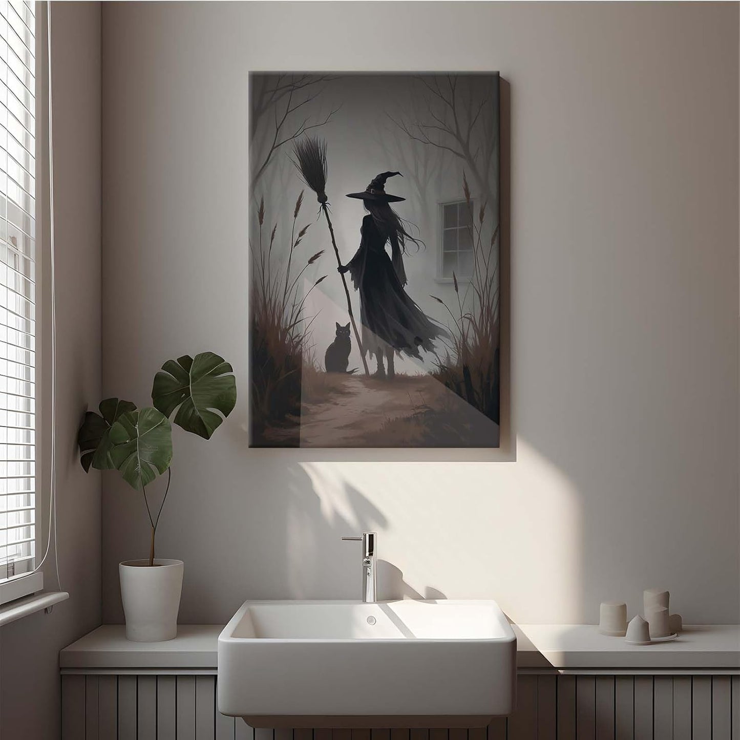 Vintage forest witch and black cat poster Halloween mural poster decoration mural art magic suitable for home living room bedroom20x30in Wood Framed