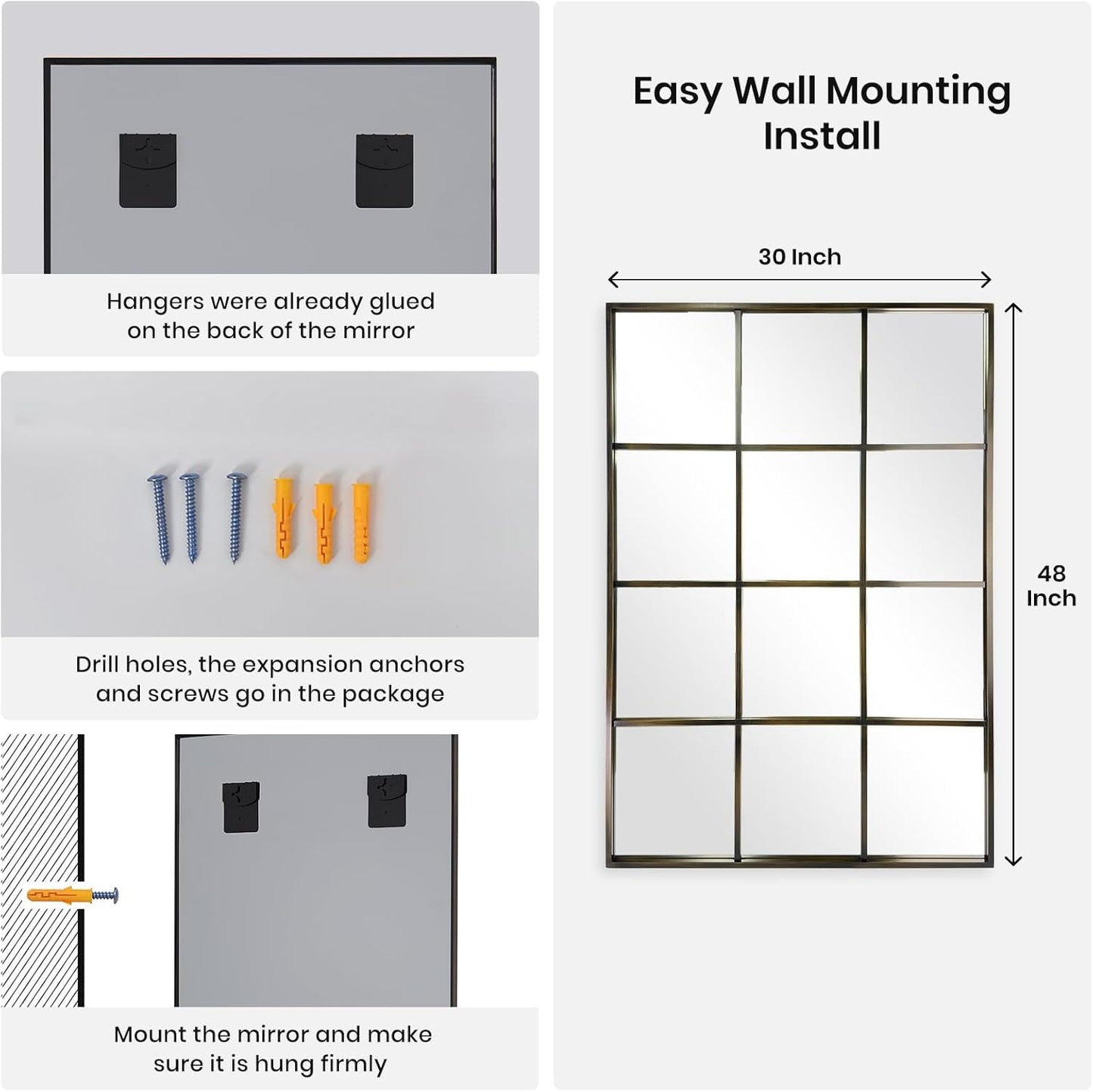 Windowpane Wall Mirror 30"x48" Bronze Wall Mounted Art Pane Mirror Farmhouse Decorative Mirror Leaning Hanging Wall Mirror for Bedroom Living Room Entrance Hallway Wall Decor