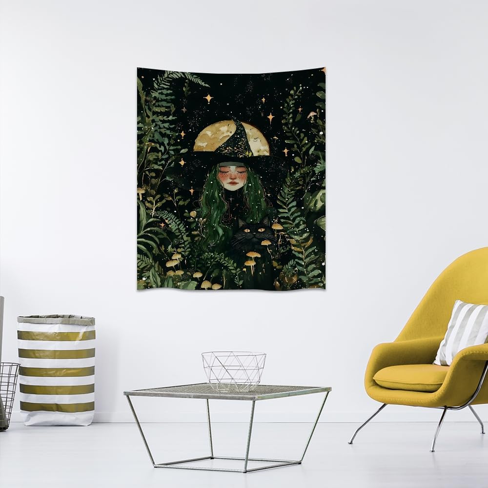 Moon Witch Tapestry Wall Hanging Mystical Botanical Green Print Dark Forest Witchy Decor Gothic Magical Black Cat and Moon Tapestries for Bedroom Living Room Dorm Decoration Aesthetic 70x90inch