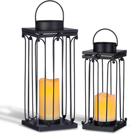 Solar Lantern Decorative Outdoor Set of 2 (18’’ & 15’’) Modern Black Metal Lanterns with Solar Candles, Decorative Candle Lanterns for Outdoor Porch, Patio, Garden, Yard Decor