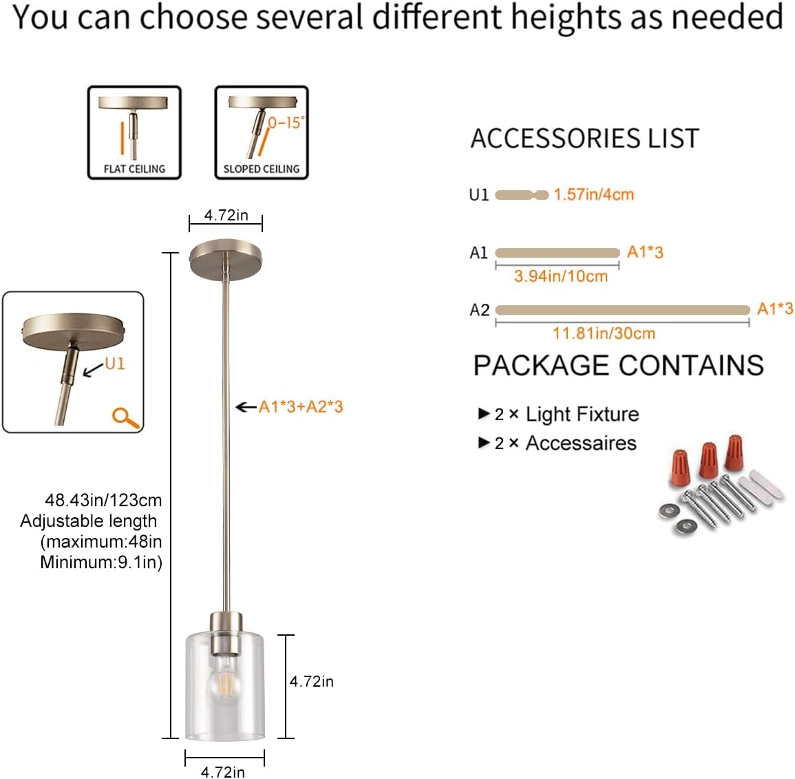 Brushed Nickel Pendant Lights,Modern Farmhouse Pendant Light,Light Fixture Kitchen Pendant Mini Hanging Light for Sink Island,Adjustable Height,Home Décor Lighting (Brushed Nickel 2 pack Stem Rod)