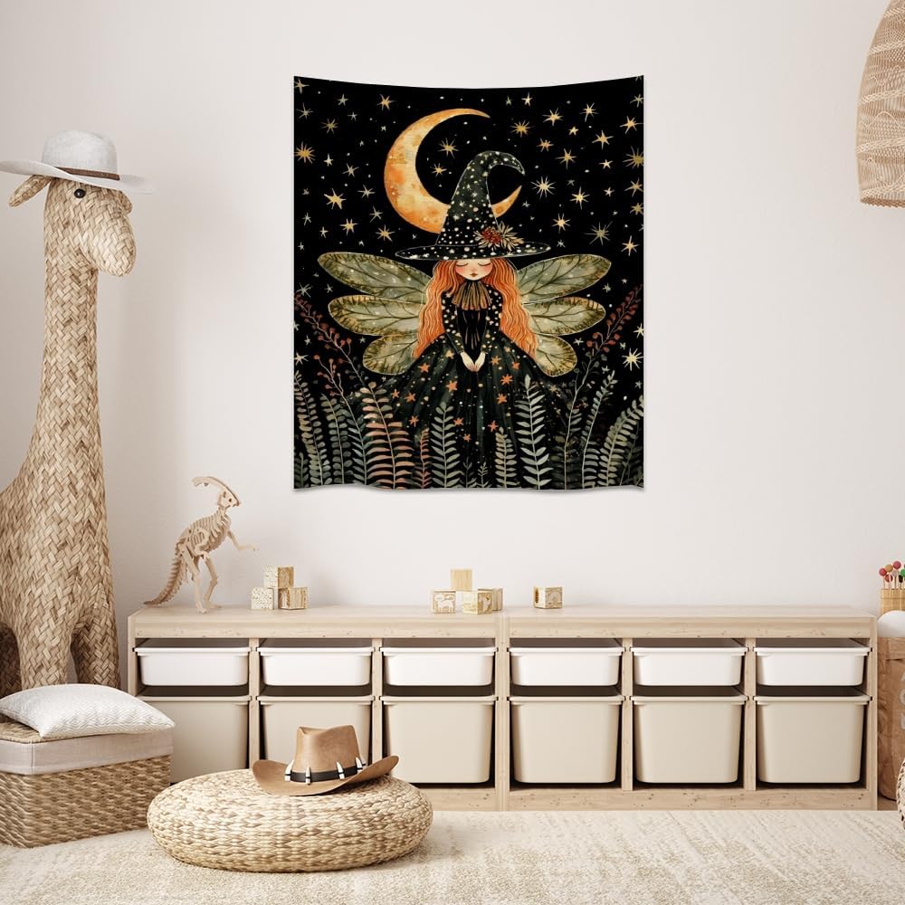 Dark Academia Witch Fairy Tapestry Wall Hanging Magical Moon Starry Night Art Print Halloween Witchy Artwork Aesthetic Wall Tapestries for Girls Bedroom Living Room Dorm Decoration 70x90inch