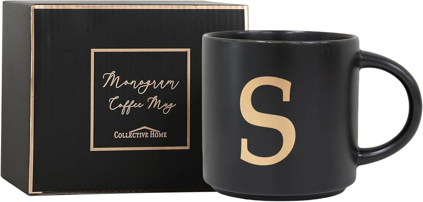 COLLECTIVE HOME - Monogram Ceramic Mugs, 15 oz Golden Initial Black Coffee Cups, Elegant Alphabet Tea Mugs, Elegant Personalized Mug with Gift Box, Unique Mug with Double Side Capital Lette (S)