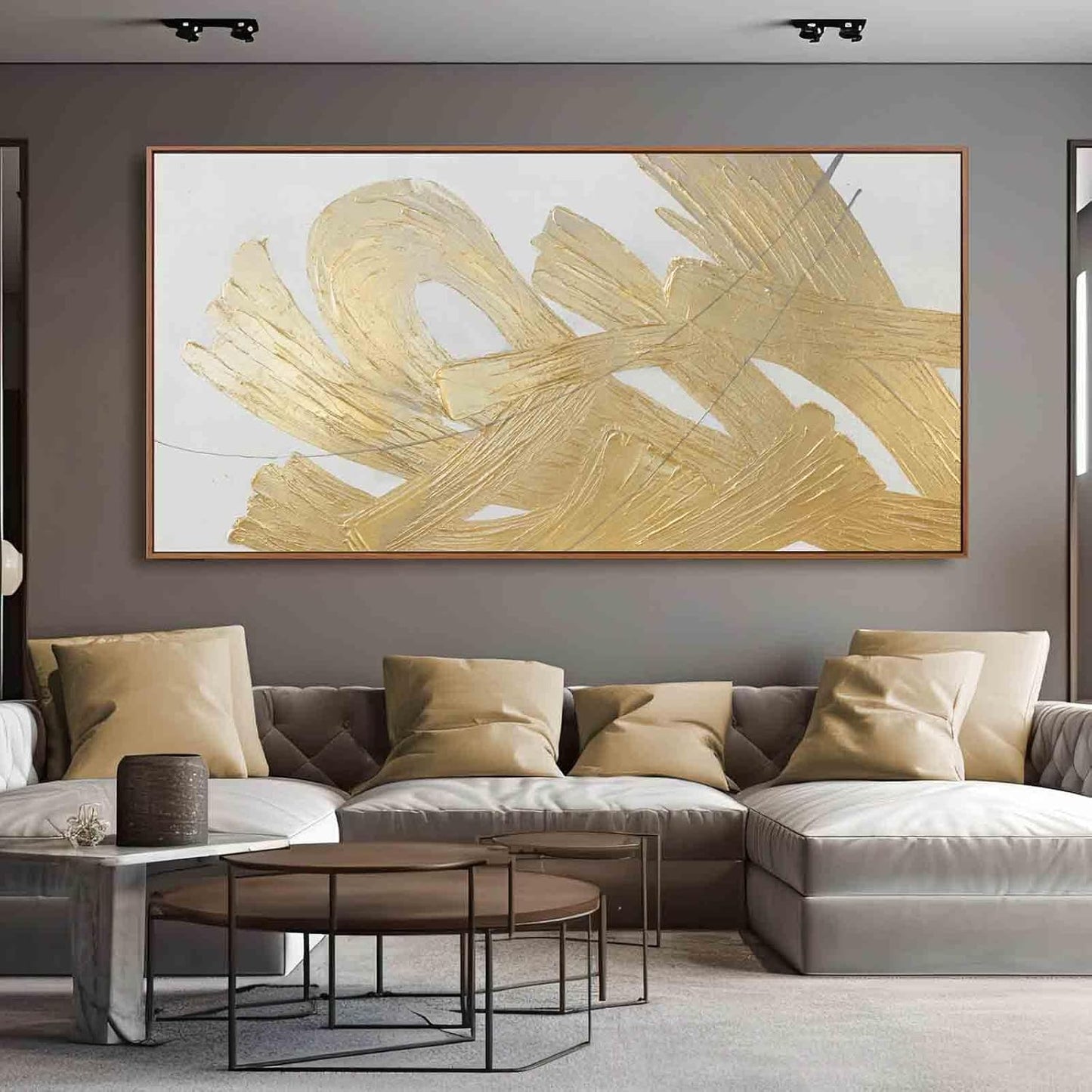 XIANSHOU Gold and White Canvas Wall Art Abstract Wall Artwork Neutral Wall Decor 36"x70" Large Canvas Painting for Living Room Office