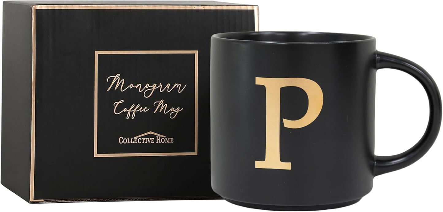 COLLECTIVE HOME - Monogram Ceramic Mugs, 15 oz Golden Initial Black Coffee Cups, Elegant Alphabet Tea Mugs, Elegant Personalized Mug with Gift Box, Unique Mug with Double Side Capital Lette (P)