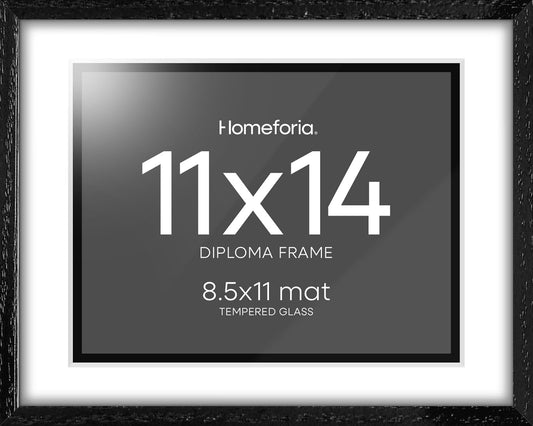Homeforia 11x14 Diploma Frame Black Wood, High End Black Oak 11 x 14 Certificate Frames with Mat 8.5x11, 14x11 Wooden Document Matted Frame, Award Graduation Frames, Tempered Glass, Wall Kit, Set of 1