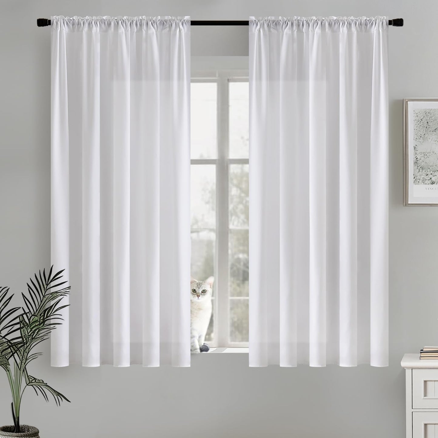 MIULEE White Privacy Sheer Curtains That Let Light in 63 Inches Long Non-See-Through Semi Sheer Curtain Light Filtering Window Curtains Drapes for Living Room Bedroom 2 Panels Set 42 X 63