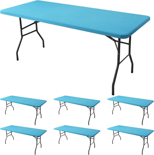Fitted Tablecloth for 8 Foot Rectangle-6 Pack Light Blue Elastic Outdoor Picnic Table Cover-Spandex Stretch Folding Table Cloths 8ft for Camping Dining Room Patio Kitchen Banquet Party