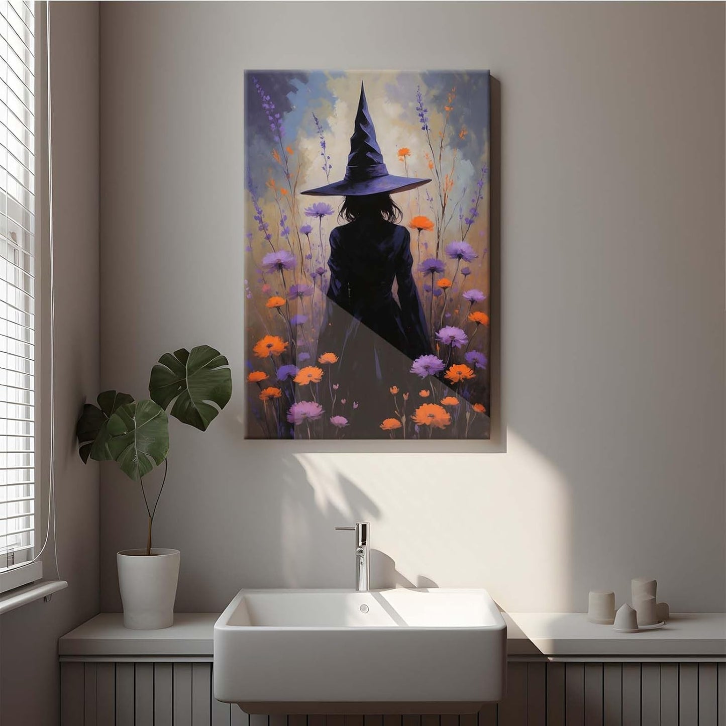 Country wildflower witch canvas print halloween mashup art witch purple decoration bohemian elegant art poster28x40in Wood Framed