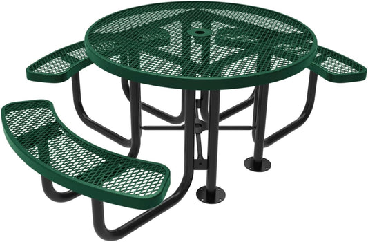Heavy-Duty Portable Outdoor Picnic Table with Umbrella Hole, Expanded Metal Patio Dining Furniture Made in America (46" Round Top, Textured Green)
