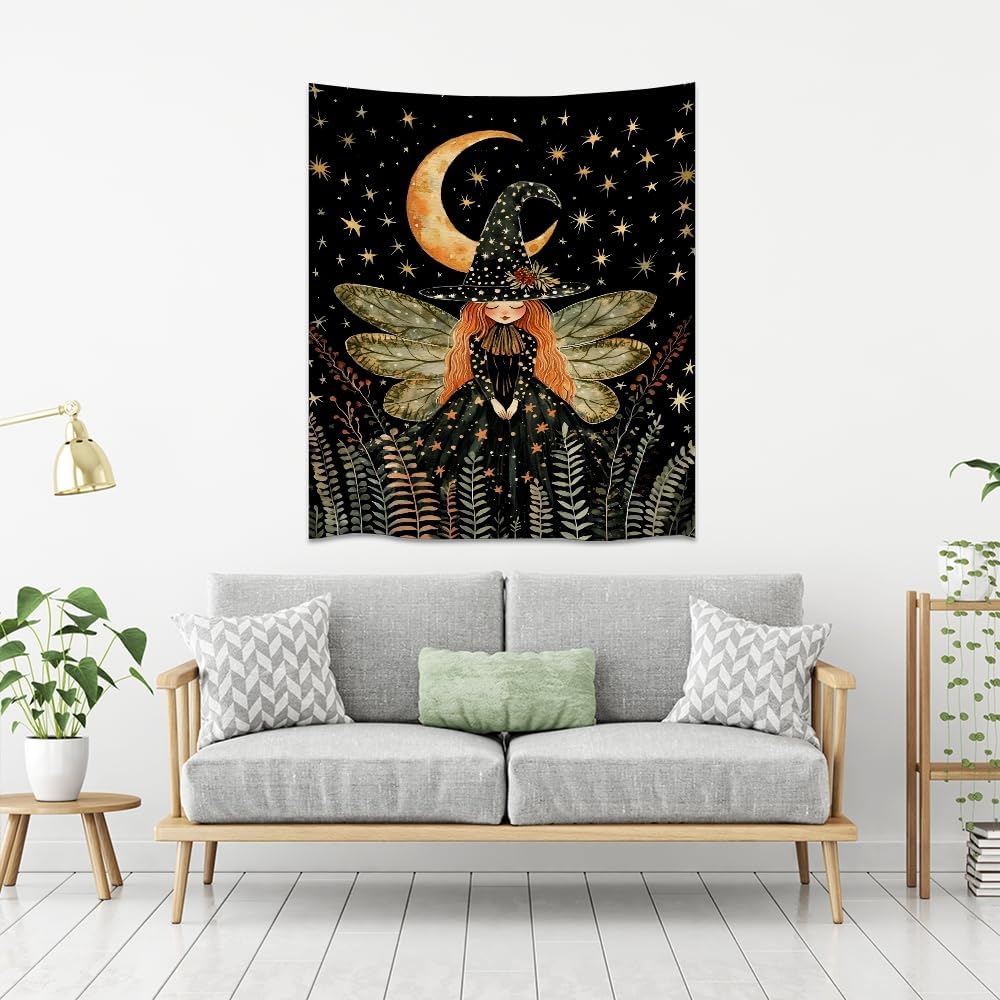 Dark Academia Witch Fairy Tapestry Wall Hanging Magical Moon Starry Night Art Print Halloween Witchy Artwork Aesthetic Wall Tapestries for Girls Bedroom Living Room Dorm Decoration 40x60inch
