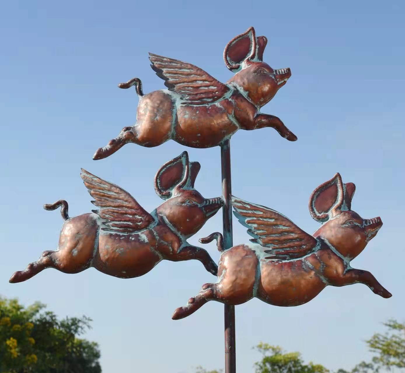 Flying Pig Statues,90" x 32" Antique Copper Outdoor Flying Pigs Garden Decor,Metal Pig Sculpture,Wind Spinner,Weather Vane,Yard Art for Patio,Lawn,Garden,Country Cottage,Farm