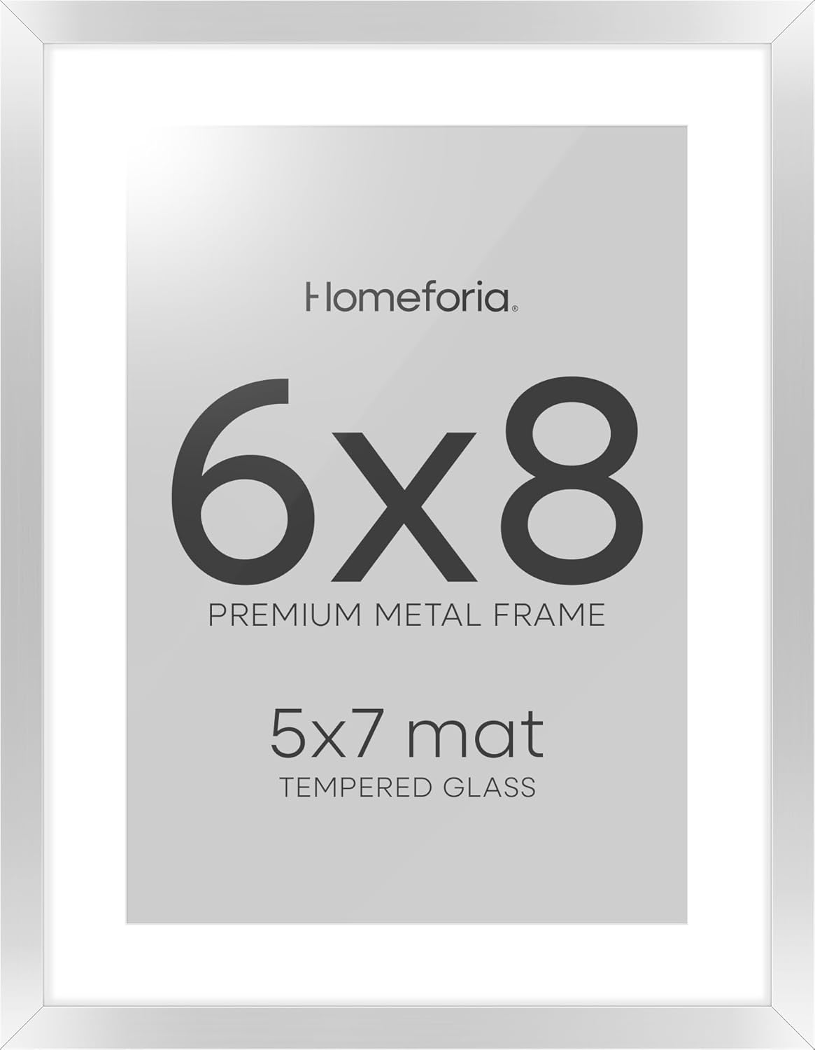 Homeforia Silver Photo Frame 6x8, High End Metal 6 x 8 Silver Picture Frames with Mat 5 x 7, 6by8 Desk Frame Matted to 5x7 inch Art, 6 by 8 Wall or Tabletop Frames, Tempered Glass, Wall Kit, Set of 1