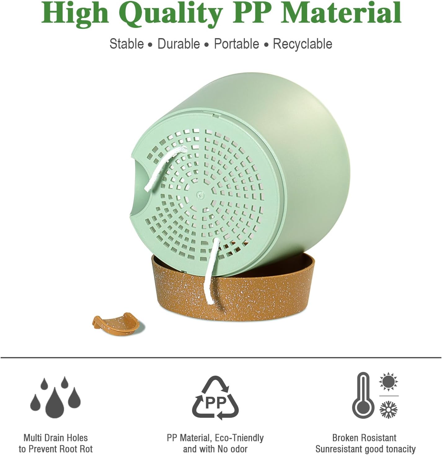 Self Watering Pots for Indoor Plants,12 inch Planters with Drainage Holes Plastic Flower Pots with Deep Reservoir, Green with Brown