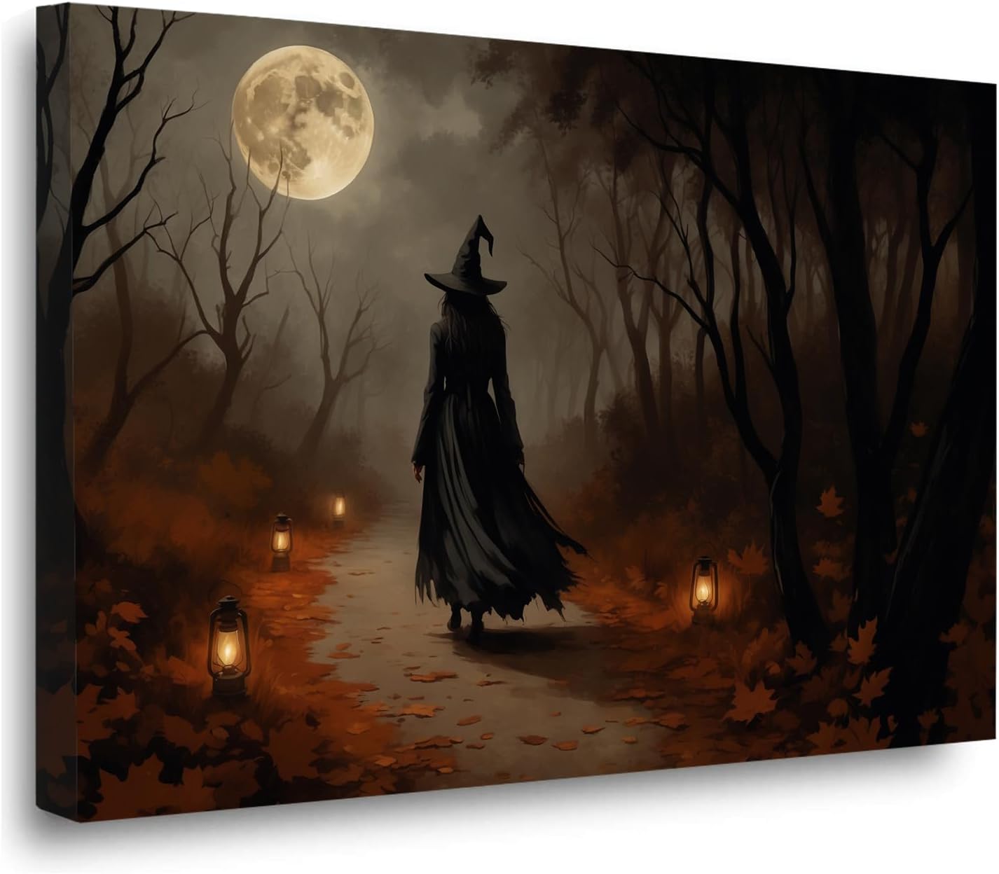 Moonlight witch poster dim lantern Halloween decoration Gothic style dark retro college style canvas wall art suitable for living room bedroom16x24in Wood Framed