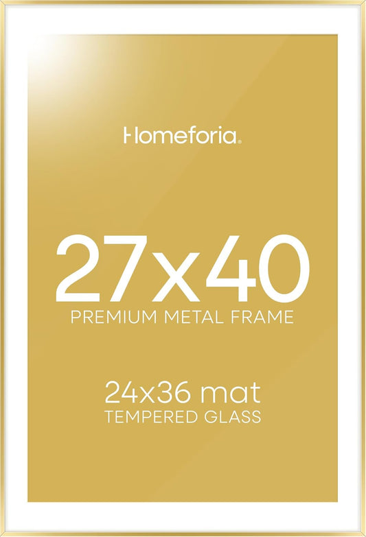 Homeforia 27x40 Picture Frame Gold, High End Metal 27 x 40 Large Poster Frames with Mat 24 by 36 inch Photo, 27x40 Gold Frame Matted to 24x36 for Print, 40x27 Frame, Tempered Glass, Wall Kit, Set of 1